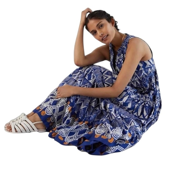 Anthropologie - Diaz Tiered Abstract Maxi Dress Blue White Boho Print Size SP - Picture 2 of 11
